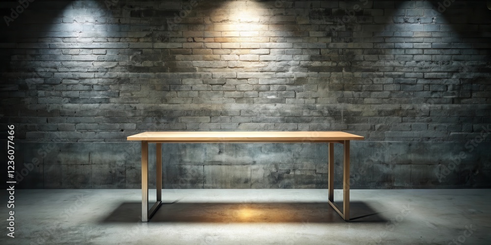 Poster a rustic wooden table with a metal frame sits in the middle of a dimly lit room with exposed brick w