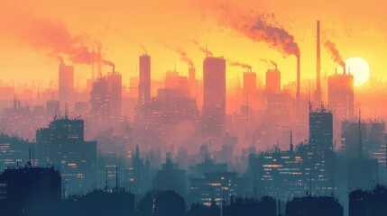 Fototapeta premium As the sun sets, the city skyline is bathed in a warm orange light, with smoke rising from factories and a dense urban atmosphere filled with activity and life