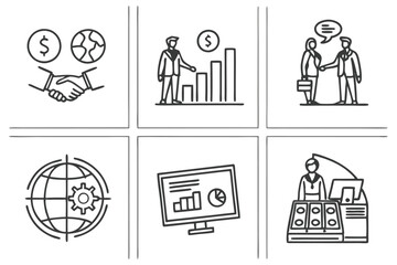 A collection black and white line icons arranged in a grid, each representing a different concept related to outsourcing. The icons are simple and minimalistic, with clean lines and no shading or colo