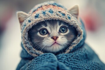 A cozy scene of a cat snuggled up in a blanket, perfect for use in images about pets, warmth, and relaxation