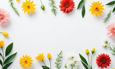 Colorful floral border with daisies and leaves on white background