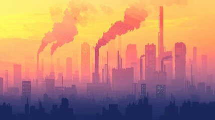 Fototapeta premium Industrial buildings dominate the skyline as vibrant orange and pink hues illuminate the sunset. Smoke rises from chimneys, blending into the colorful sky above the city