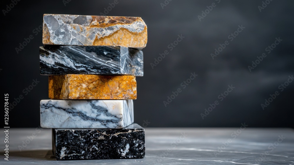 Poster a collection of six marble blocks is arranged in a modern stack. their striking colors and patterns 