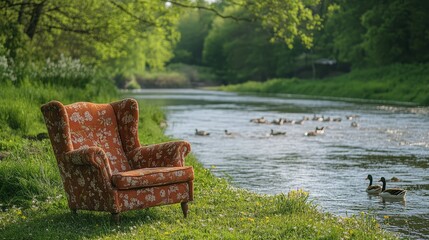 Obraz premium A chair set on a grassy riverside spot in spring, with ducks swimming by 