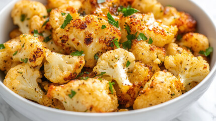 Indulgent homemade crispy roasted cauliflower with parmesan served in a luxurious kitchen during a soft afternoon light