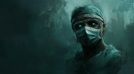 A mysterious surgeon with glowing eyes in a dark setting.