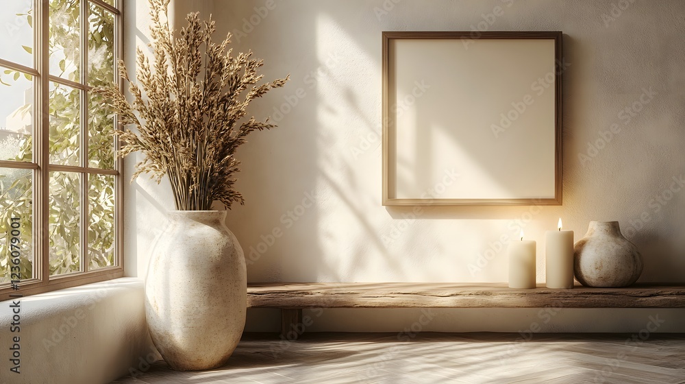 Poster close up of mock up frame in a minimalist home setting decor includes a single candle and a delicate