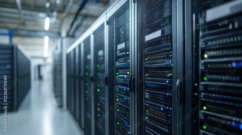 Poster rows of server racks filled with blinking lights create a technological landscape in a data center. 