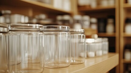 Clear glass jars with silver lids lined up on a wooden shelf in a shop