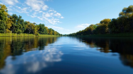 Fototapeta premium A serene river flows gently through a landscape adorned with rich trees under a clear blue sky. The sunlight creates a tranquil atmosphere, perfect for relaxation