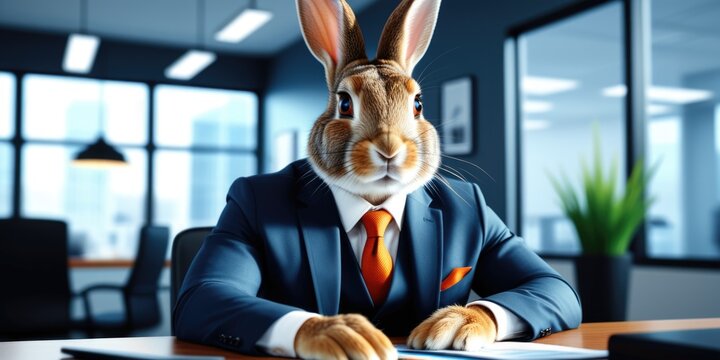 Dapper rabbit in a business suit at office desk