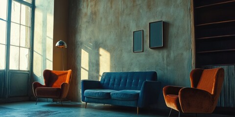 Vintage Living Room with Mid-Century Furniture and Ambient Light
