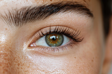 Obraz premium Close-up of a female green eye with freckles and eyebrow detail