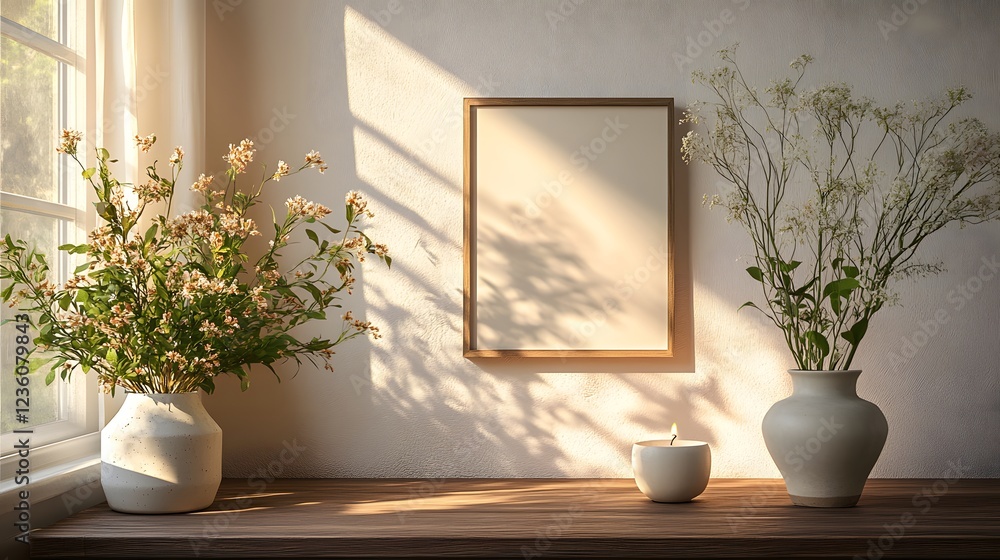 Aufkleber close up of mock up frame in a minimalist home setting decor includes a single candle and a delicate