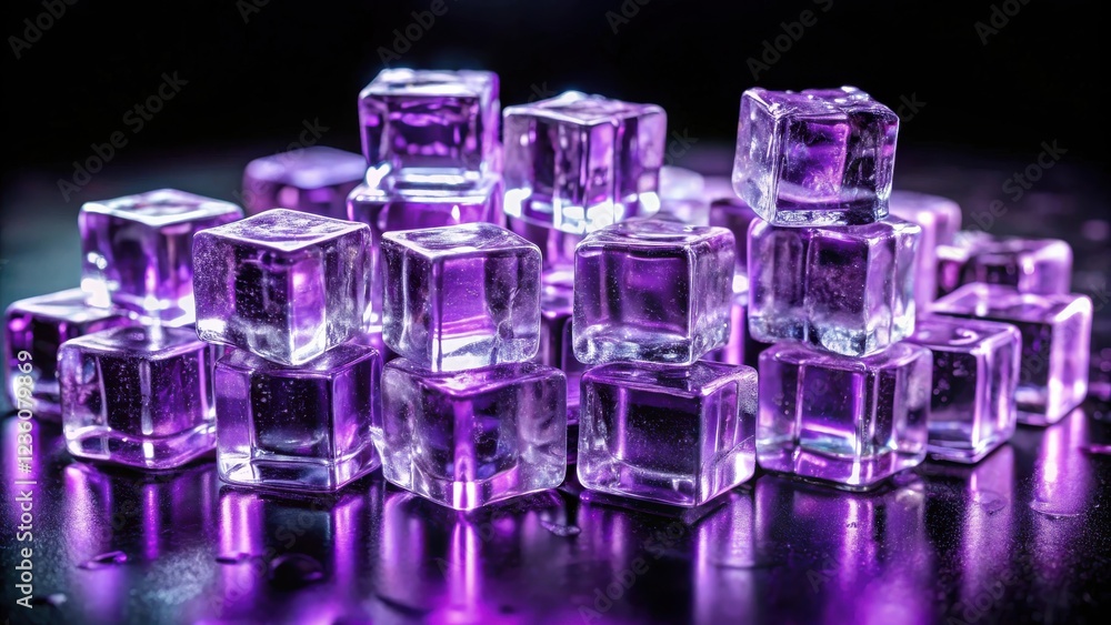 Poster a cluster of translucent purple ice cubes arranged in a pyramid shape on a black surface, their fros