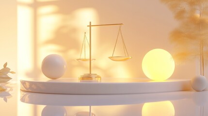 Golden scales balance on sunlit platform, serene background, product display