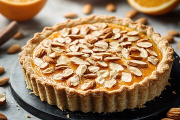 Fresh tart with sliced almonds and orange segments on a table, perfect for a breakfast or snack