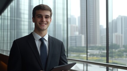 Smiling businessman holding tablet, modern office, cityscape background, corporate portrait