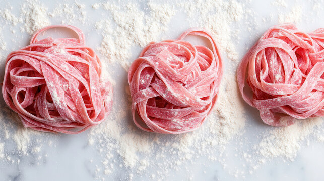 Three strands of ruby pink tagliatelle pasta on a marble kitchen counter sprinkled with flour, captured in an Instagram worthy style