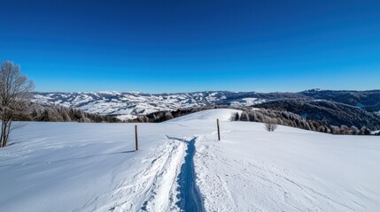 A serene winter landscape showcases gentle hills covered in fresh snow. The clear blue sky enhances the beauty of the untouched trails leading into the distance, creating a peaceful scene