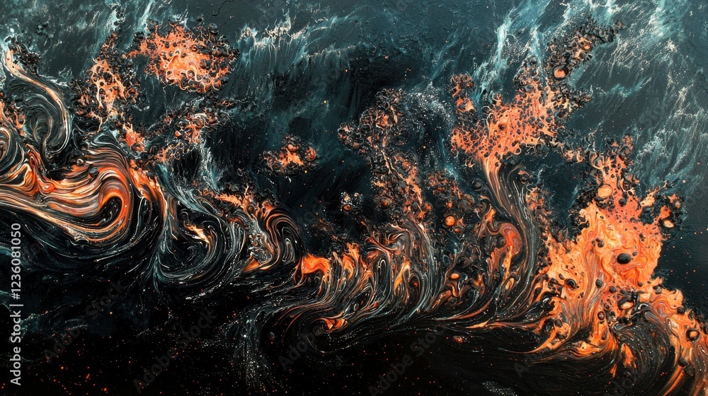 Poster vivid orange and black swirls create an abstract representation of dynamic waves, evoking feelings o