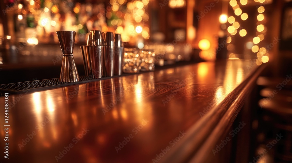 Poster A row of stacked glasses on a bar counter, ready for use