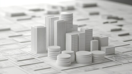 White city model on blueprint, urban planning, design