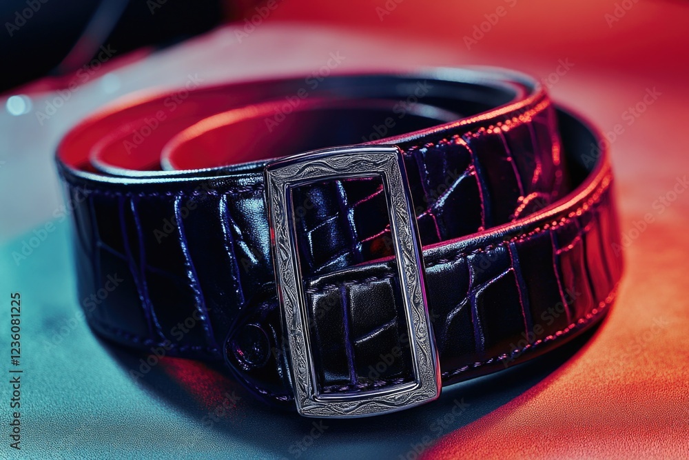 Poster A close-up view of a belt lying on a table, with some texture and details visible
