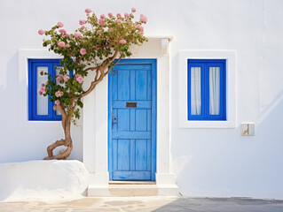 Fototapeta premium Charming Blue Door Entrance with Blossoming Tree
