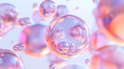 Pink iridescent bubbles floating, light background, cosmetic ad