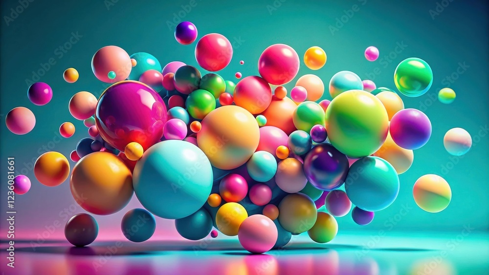 Poster A vibrant cluster of glossy spheres in a kaleidoscope of colors, floating against a dynamic gradient background.