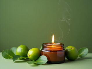 Relaxing Atmosphere with Soy Wax Candle in Brown Glass Jar, Enhanced by Lime Leaves and Soothing Green Background for Home Décor