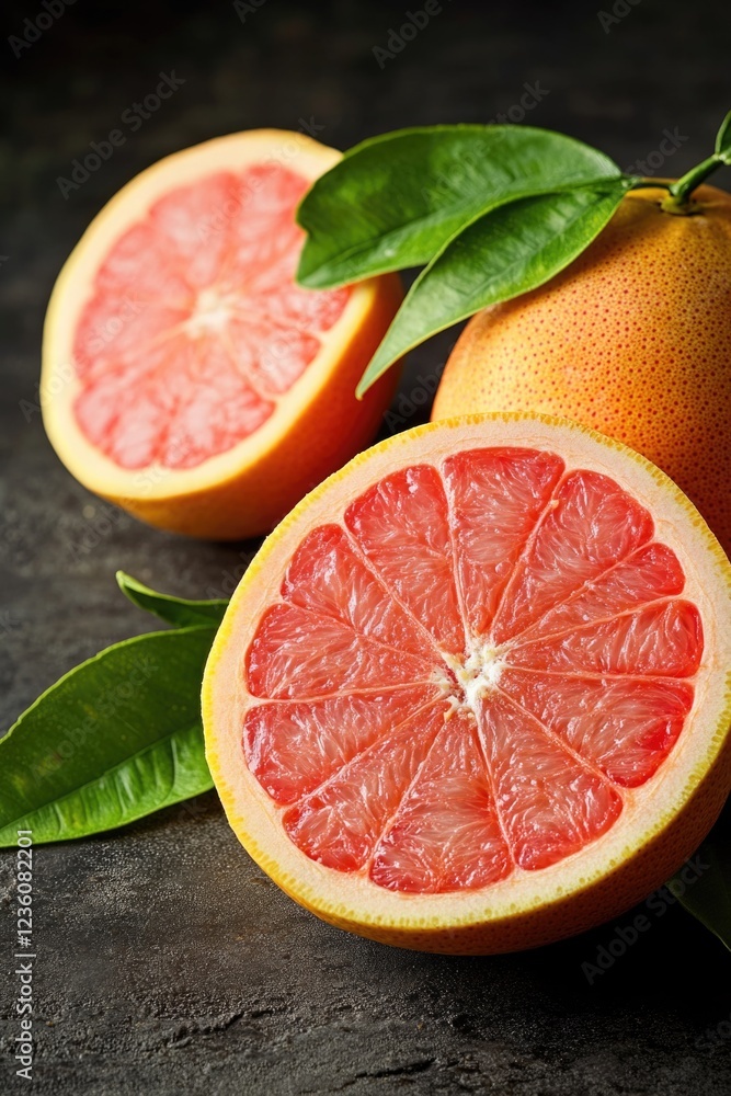 Poster fresh grapefruit cut in half sitting on a table, ready for use or display