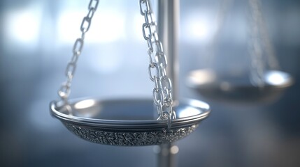 Silver scales of justice balancing; blurred office background; legal concept