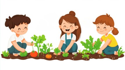 Happy children gardening together in a vegetable patch