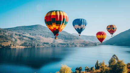 Fototapeta premium Hot air balloons flying over mountain at sunrise
