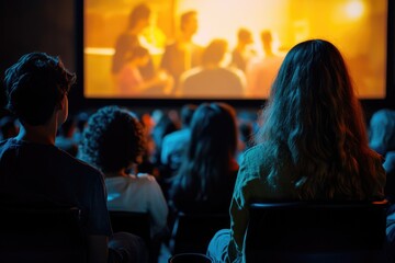 Group of people watching a movie on a big screen, close-up shot
