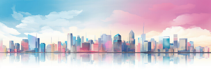 Surreal City Skyline with Colorful Sunset Reflection