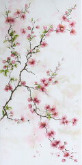 Delicate cherry blossom branches with pink flowers against soft white background create serene and tranquil atmosphere, perfect for spring decor