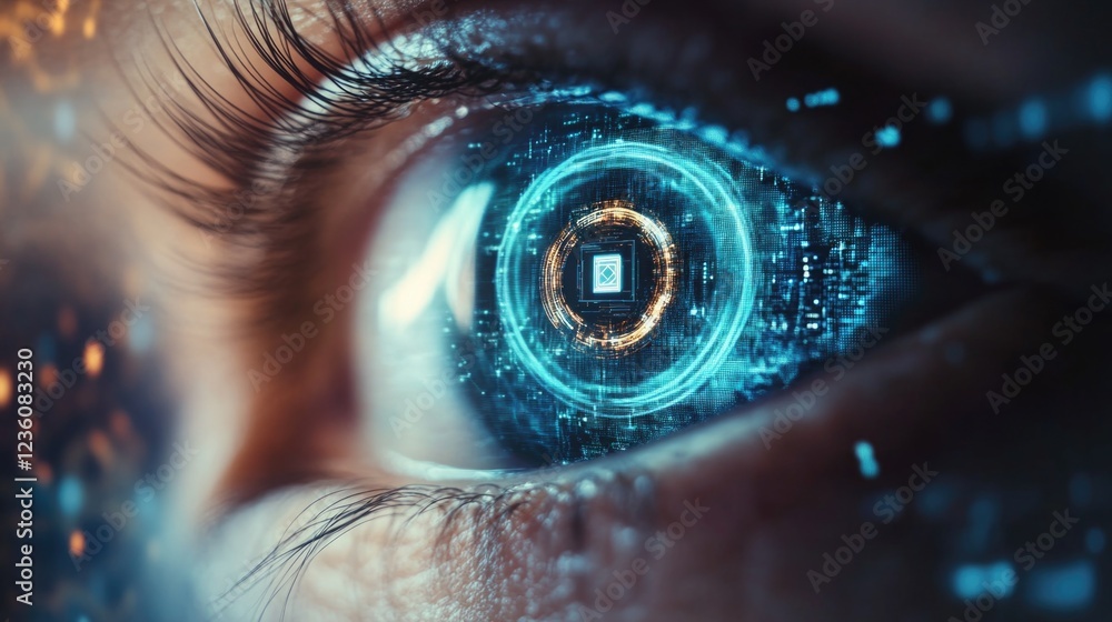 Poster close-up shot of an eye with a microcircuit integrated into the iris, suitable for futuristic or sci