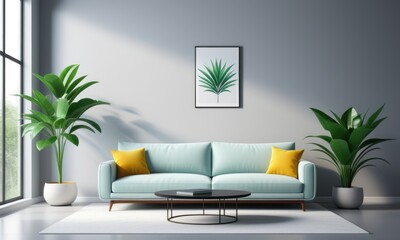 Modern living room with mint green sofa and yellow accents