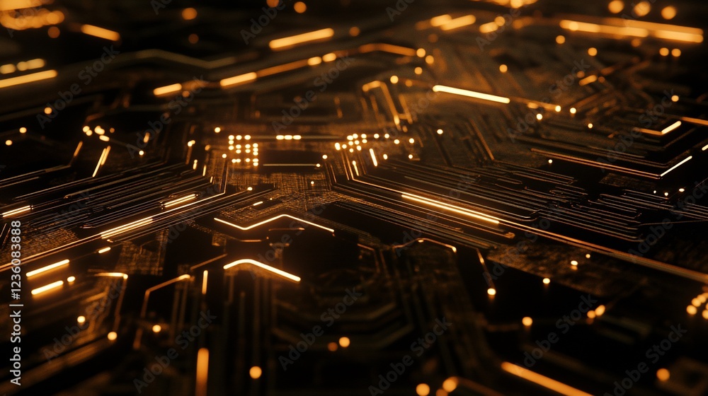 Poster abstract technological background with glowing circuit board lines and dots, futuristic style