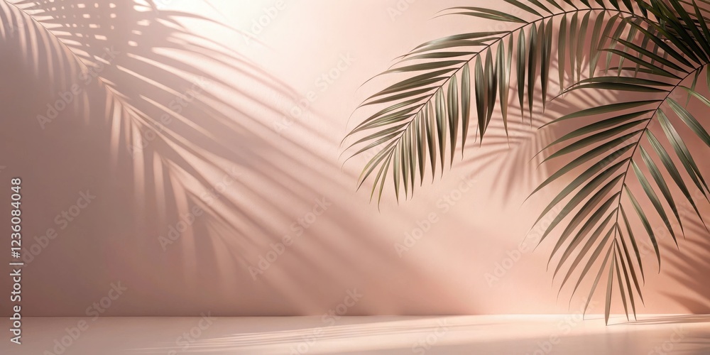 Poster palm leaf shadows cast on a peach wall with a minimalist platform