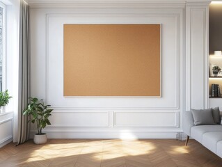 Interior of a bright room with a large cork board and a parquet floor in a modern home