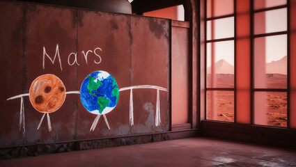 Creative illustration of Mars and Earth on a red planet landscape with a futuristic interior view