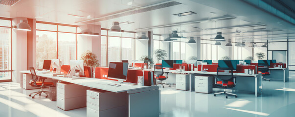 Naklejka premium Bright Modern Office Space with Warm Sunlight