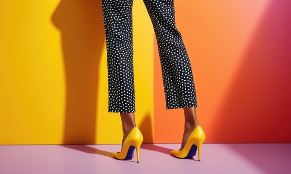 Bold fashion statement with polka dot pants and bright yellow heels