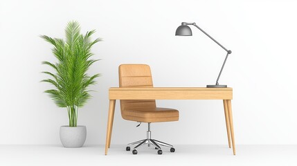 Minimalist Home Office Setup Light Wood Desk, Tan Chair, Green Plant