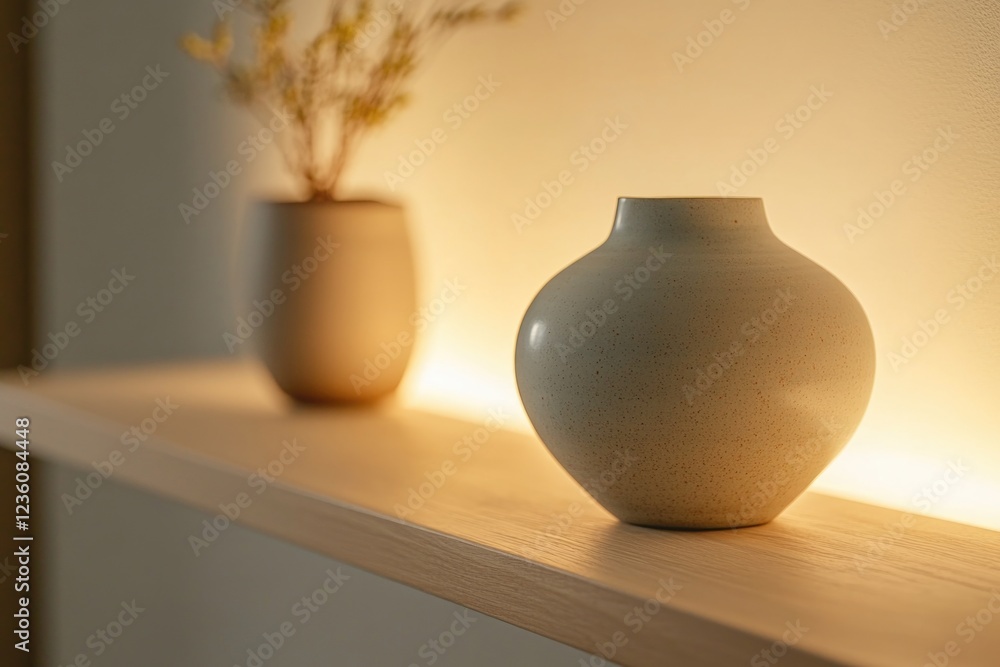 Poster a simple still life image of a white vase placed on top of a wooden shelf