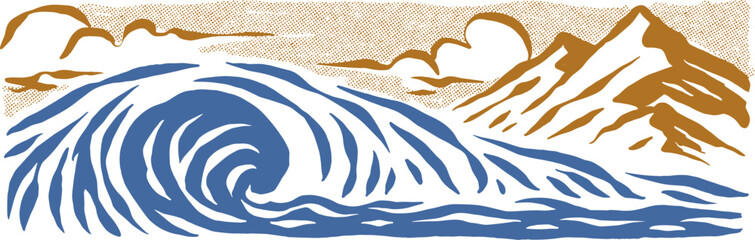 Landscape drawing ocean waves illustration